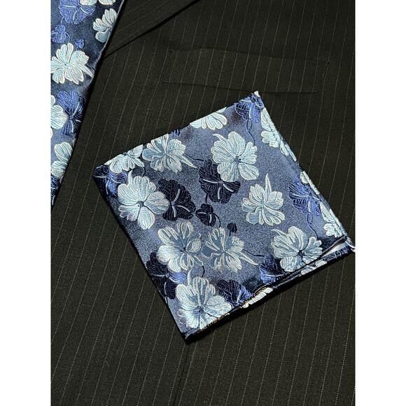Men’s 3 Piece Tie Set Dark Blue Floral Tie Pocket Square Cufflinks 57.75"x3.25" - Picture 3 of 5